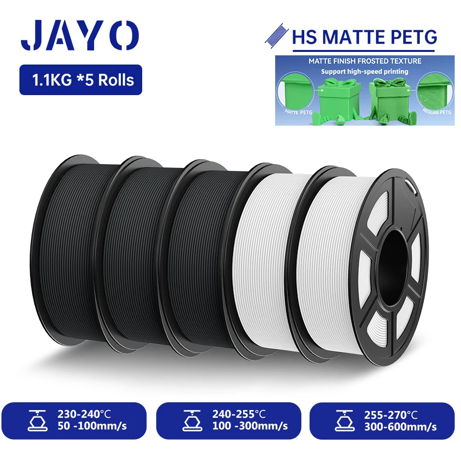 JAYO 5,5KG Hochgeschwindigkeits-Mattes PETG 3D-Drucker-Filament, hohe Durchflussgeschwindigkeit 50-600mm/s, Matteffekt PETG 3D-Druckmaterialien für 3D-Drucker & 3D-Stifte