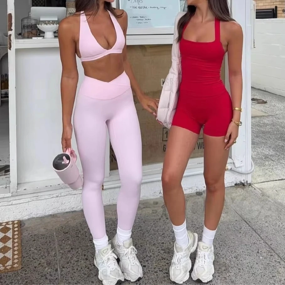 C-B Freedom Line Halter Backless Sports Top High Waist Smooth Surface Biker Shorts Soft Nylon Fitness Sportswear