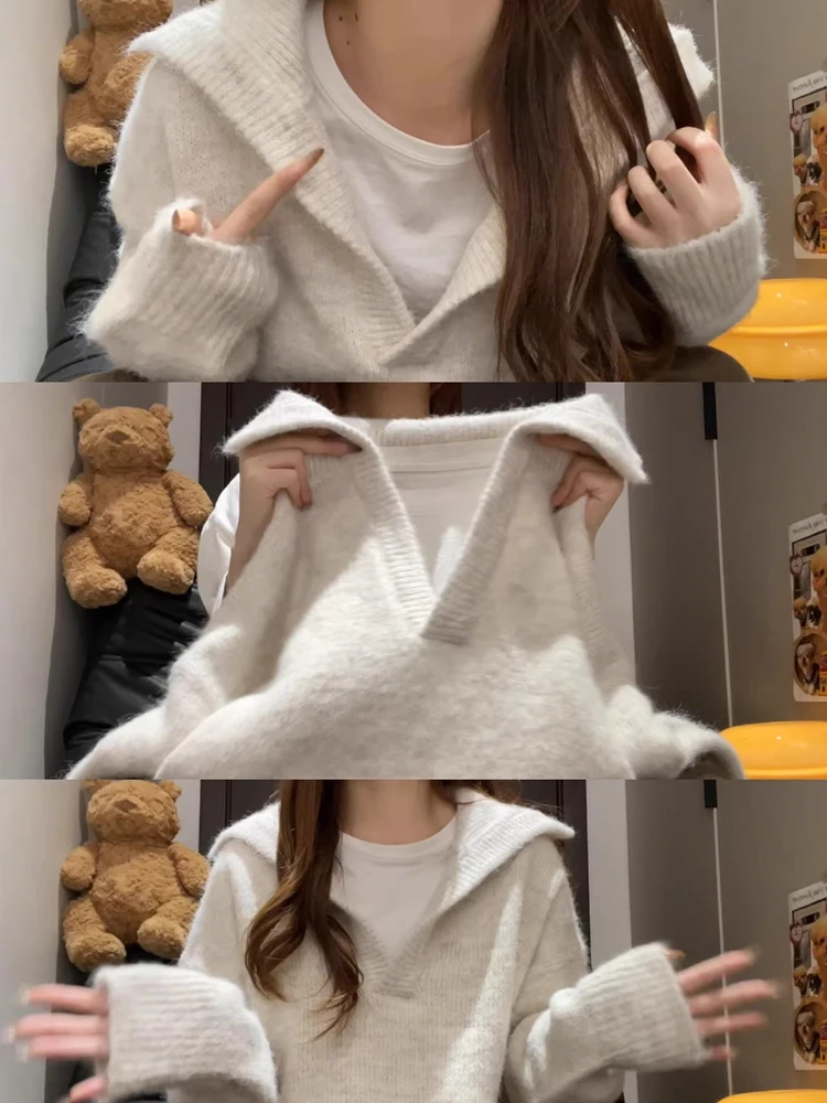 

Свободный крой Long Sve V-Ne вязаный свитер женский осенне-зимний удобный мягкий корейский Sle белого цвета для поездок на работу