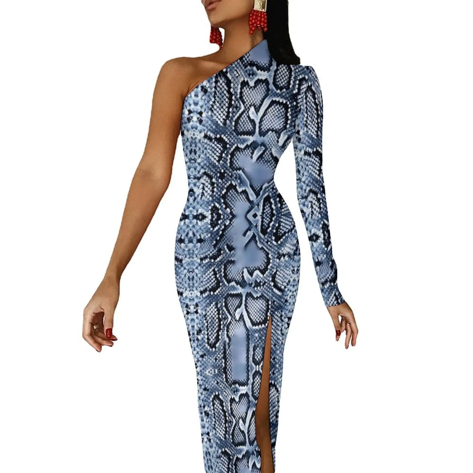 

Blue Denim Snakeskin Maxi Dress One Shoulder Vintage Print Aesthetic Bodycon Dresses Spring Cute Dress Women Pattern Vestidos