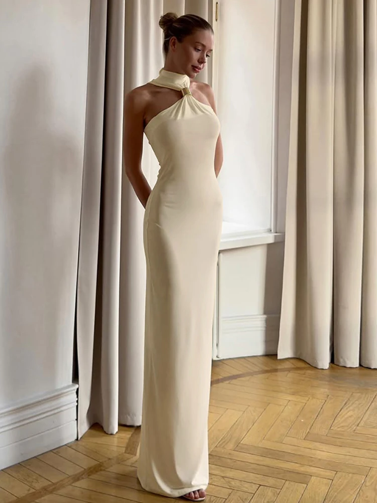 Nibber Halter Metalen Knopen Jurk Vrouwen Elegante Zomer Trend Effen Plooien Backless Mouwloos Sexy Slanke Banket Party Lange Bodycon