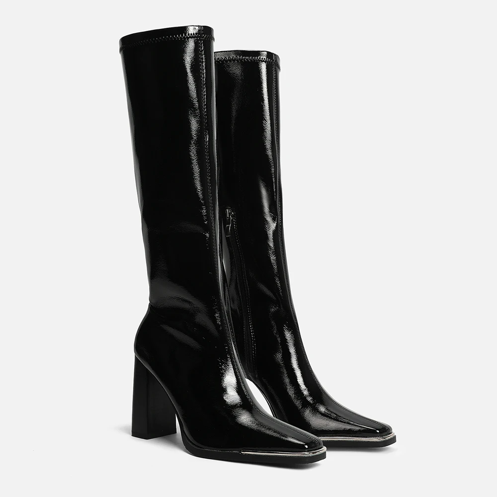 

FWRD Women's Black Leather Knee-High Chunky-Heel Boots, Slim Fit & Comfortable for Autumn Daily Wear & Street Style #FWRD000324