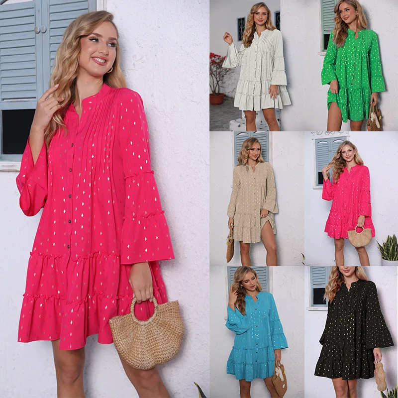 

pring New Women's Printed Gold-Plated Pleated Flared Sleeve Loose Dress