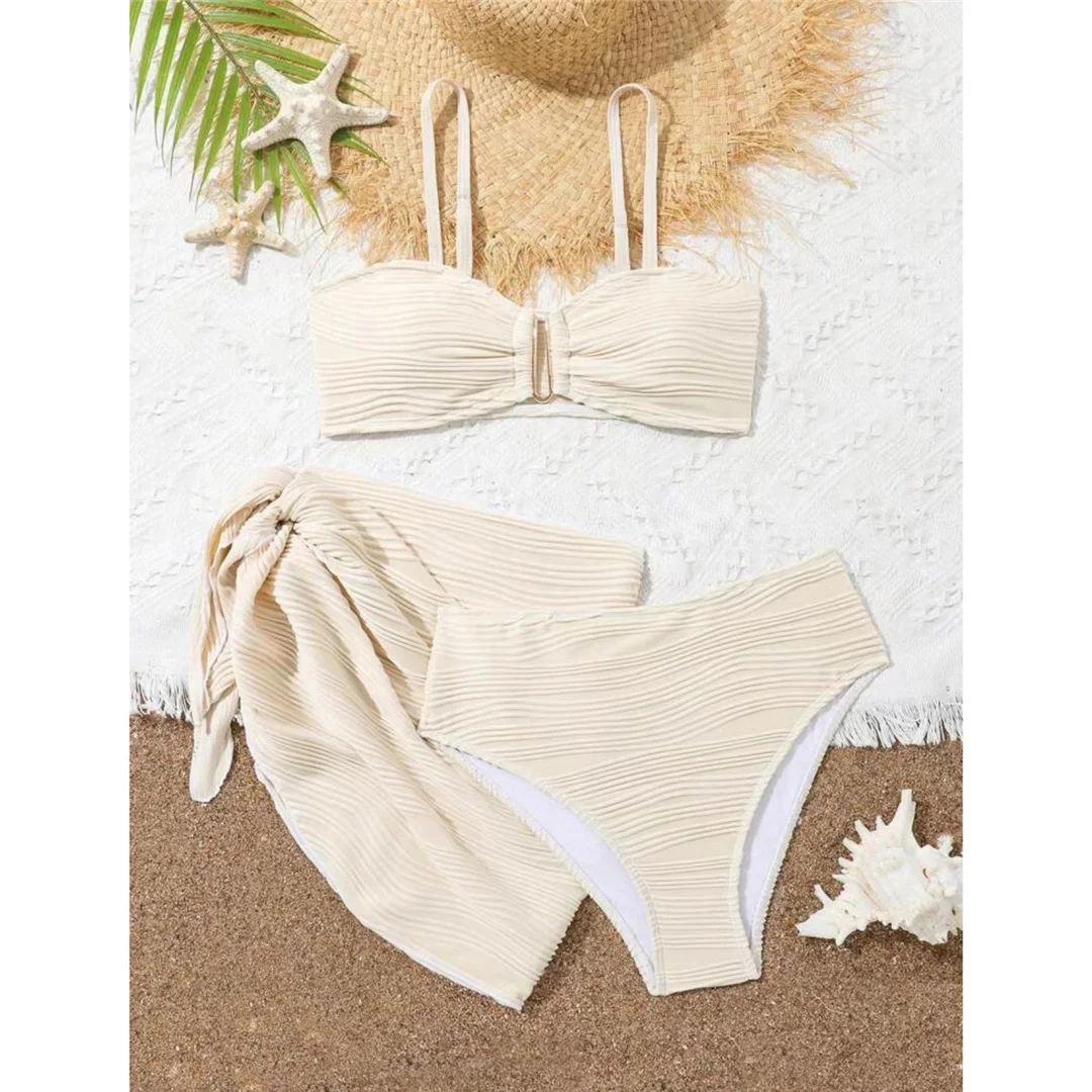 Neu mit Sarong, U-förmiger Bikini mit hoher Taille, Damen-Badeanzug, dreiteiliges Bikini-Set, Badebekleidung, Badeanzug, Schwimmbekleidung V6953 – Detail 10