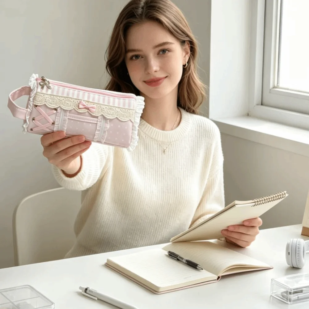 Desktop Storage Large Capacity Lace Pencil Case INS Style Pink Pencil Pouch Ruffle Cute Stationery Pen Bag Stationery Storage