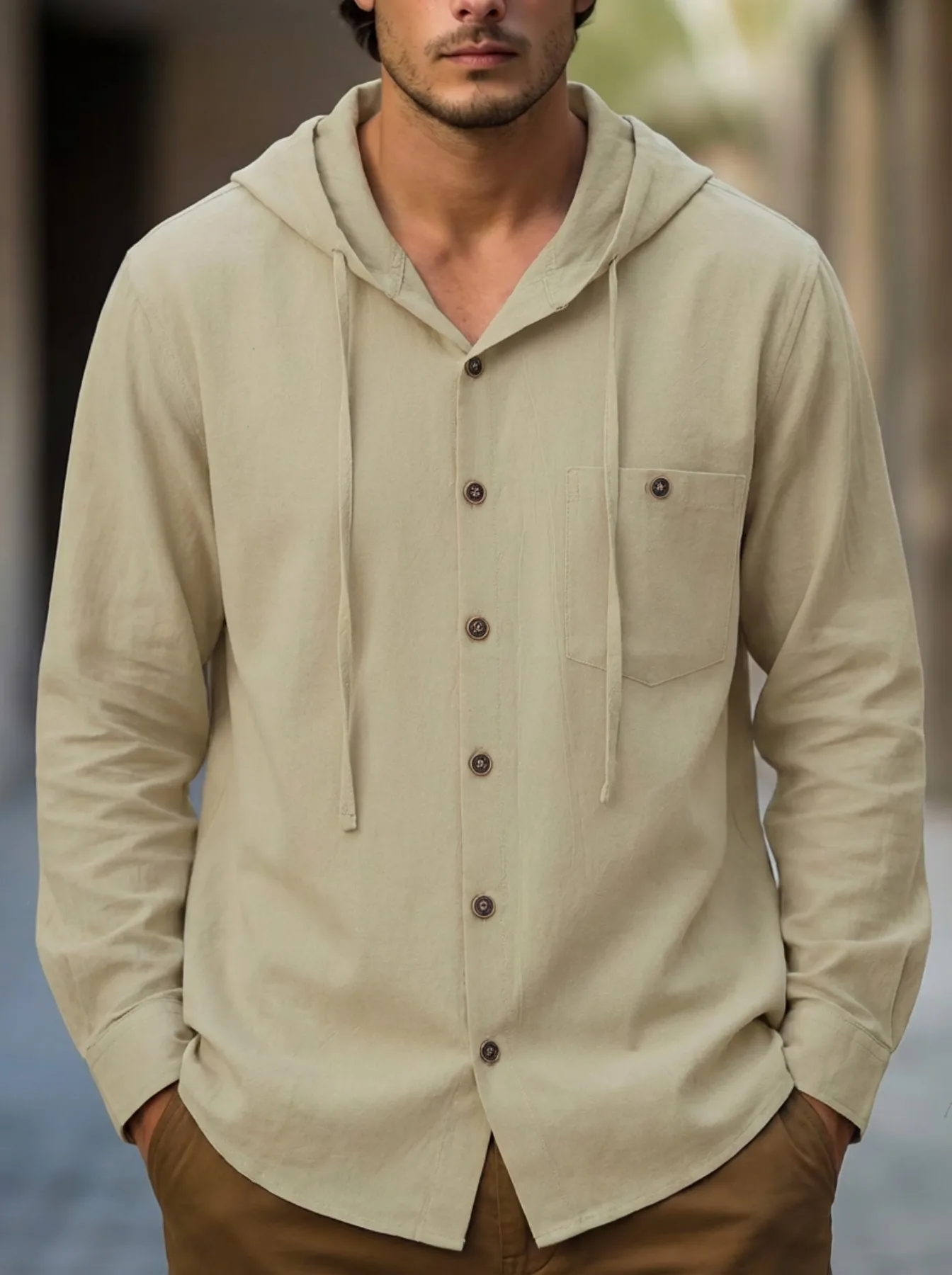 Men's Solid Color Casual Shirt, Hooded Drawstring Cotton and Linen Cardigan, Trendy and Versatile Loose Beach T-shirt