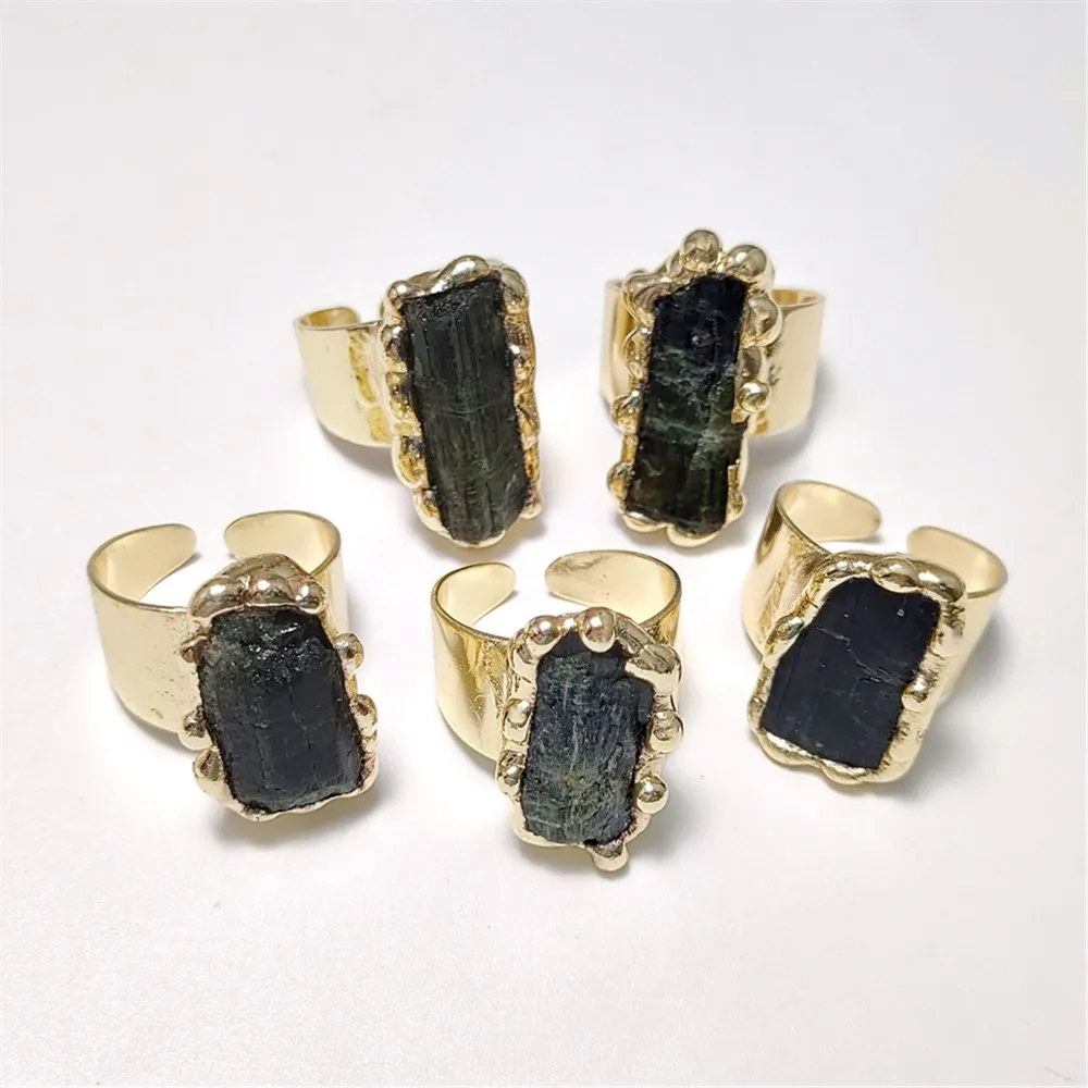 FUWO 1Pcs Natural Tourmaline Crystal Ring,Golden Plated Raw Black Gemstones Energy Ring October Birthstone Gift For Women  RG071