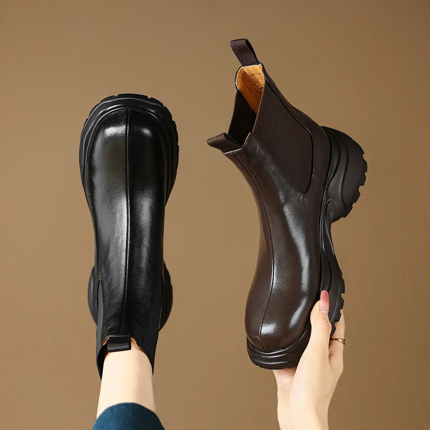 2026 new autumn winter women ankle boots natural leather plus size 22-25cm cowhide round toe thick heel platform chelsea boots