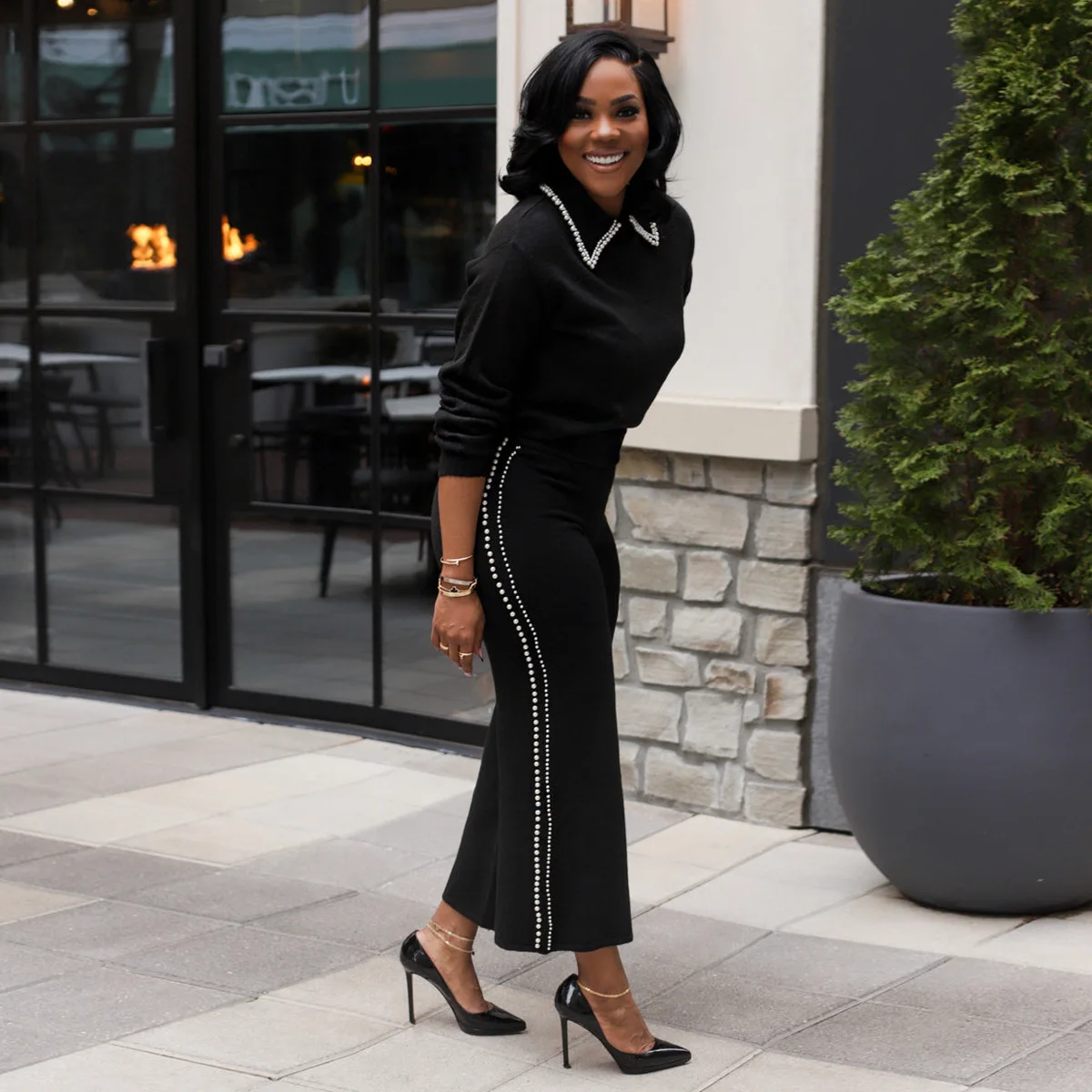 レディース ツーピース パンツセット 無地 マッチングセット パールトリム 長袖トップス ゴムウエスト ワイドレッグパンツ ルーズ カジュアル 2025春