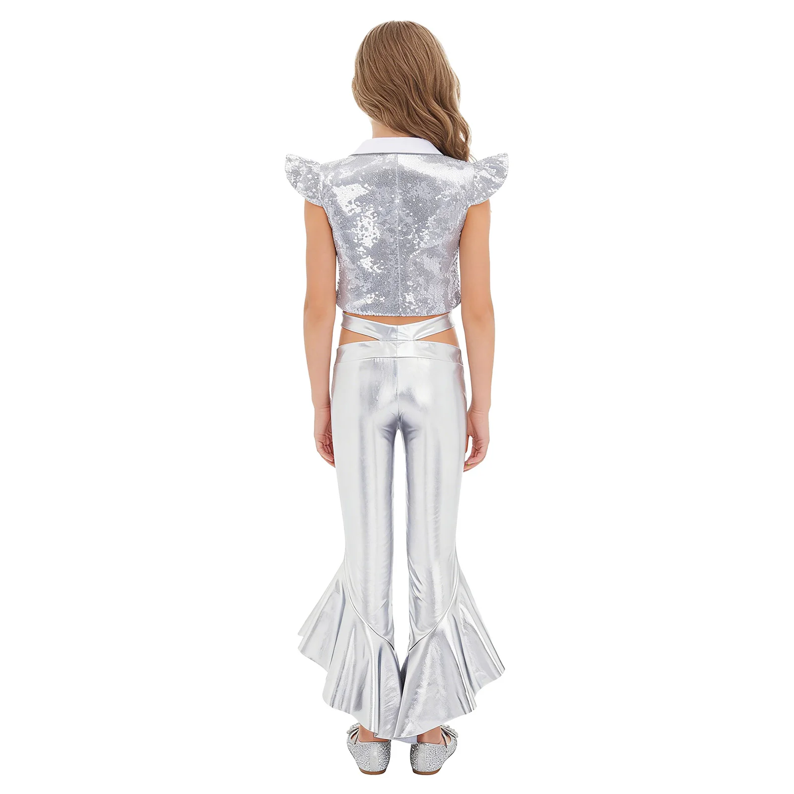 Kids Girls Sequins Hippie Costume Disco Jazz Dance Outfit Metallic Shiny Fly Sleeve Crop Vest with Ruffles Bell-bottom Trousers