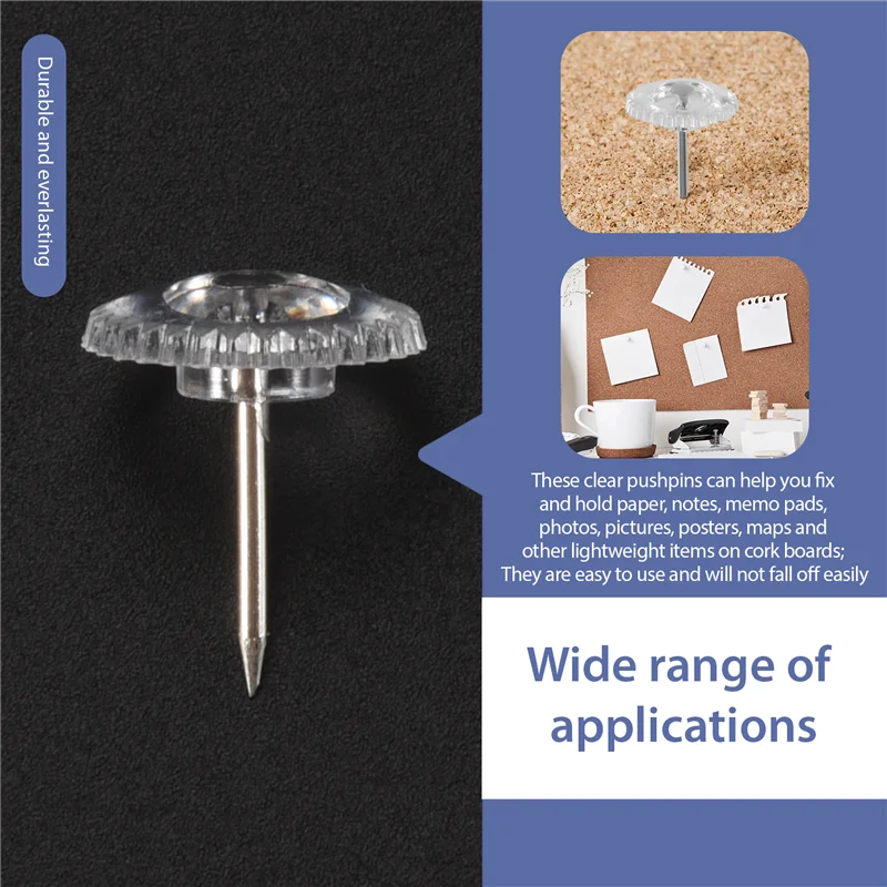 دبابيس ضغط شفافة من ABFU، مسامير إبهام بلاستيكية صغيرة، نقطة فولاذية ودبابيس دفع برأس بلاستيكية شفافة للوحة الفلين #3