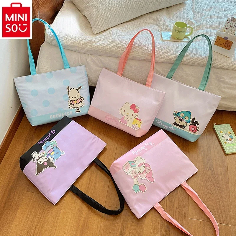 

MINISO 2024 New Large Capacity Shoulder Backpack Student Cartoon Cute Hello Kitty Waterproof Oxford Spinning Tote Bag