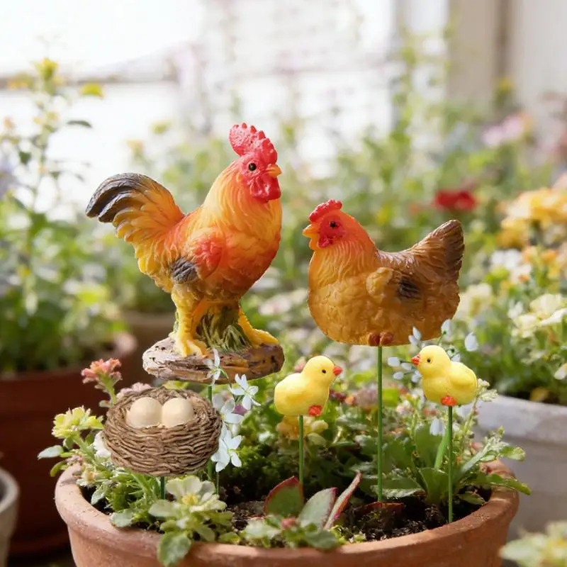 4/5PCS Mini Resin Chicken Family Figurines Set Mini Fairy Garden Bonsai Landscaping DIY Decor Cartoon Hen Chick Desk Ornament