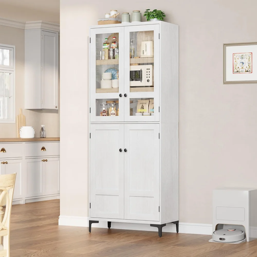 

71" Tall Kitchen Pantry Cabinet with Glass Doors, Freestanding Food Storage Cabinet with 4 Doors