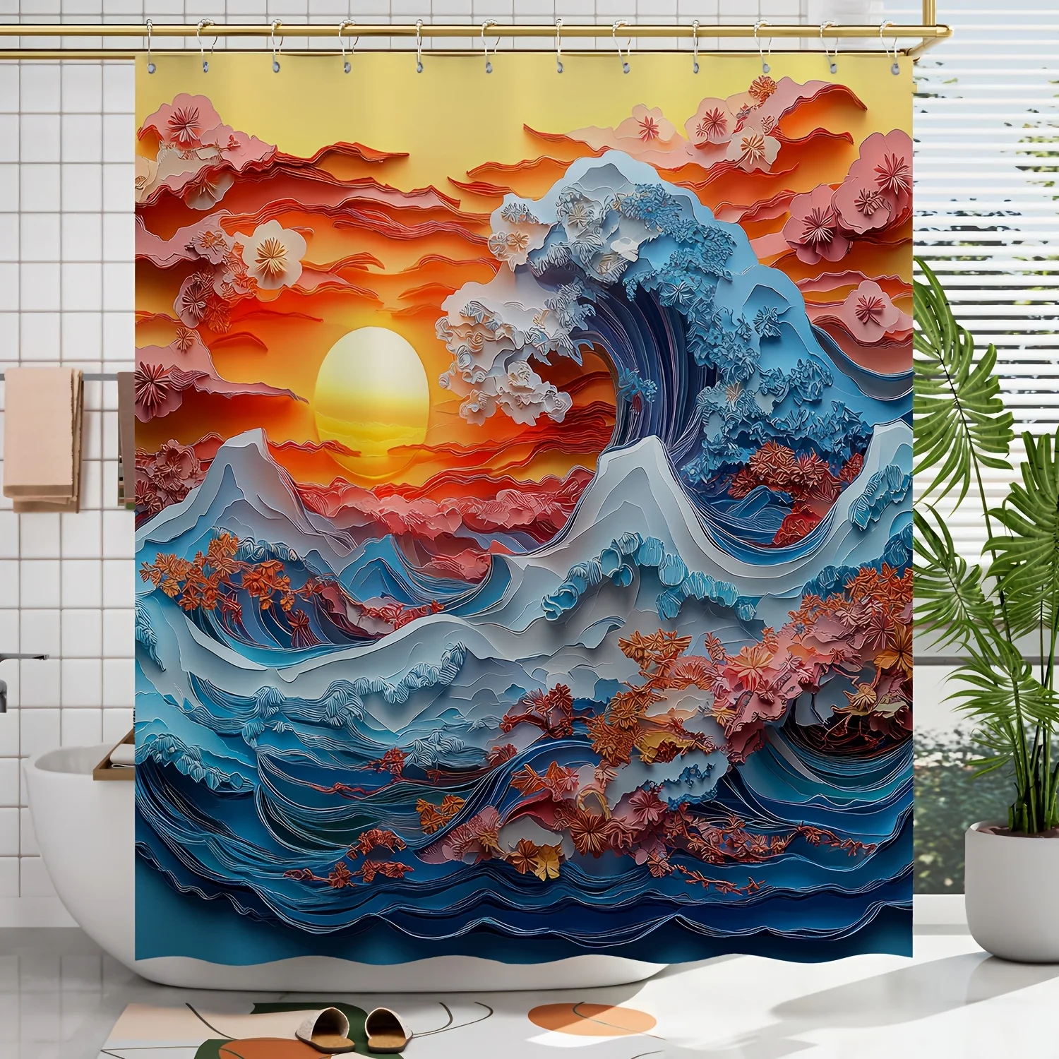 

1 шт., весна/лето, японский волнистый узор, занавеска для душа с цифровым принтом, декор для ванной комнаты с бесплатными крючками, можно стирать в машине, всесезонная