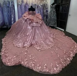 Luxury Exquisite Rose Pink Princess Quinceanera Dresses Sparkly 3D Floral Long Sleeve Off Shoulder  vestido 15 quinceañeras Chap