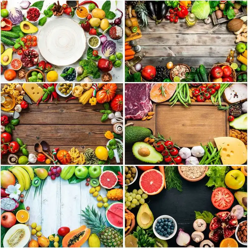 MOON.QG Wooden Food Fruits Decor Photography Wallpaper Backdrops Wood Kitchen Props Studio Background 3D Green Photographic Wall