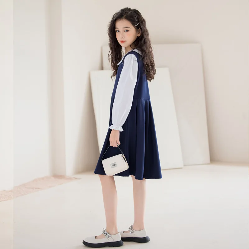 Kids Autumn Clothes College Style Patchwork Fake Two Piece Long Sleeve Princess Dress for Girls Casuan Teen School Child Clothes