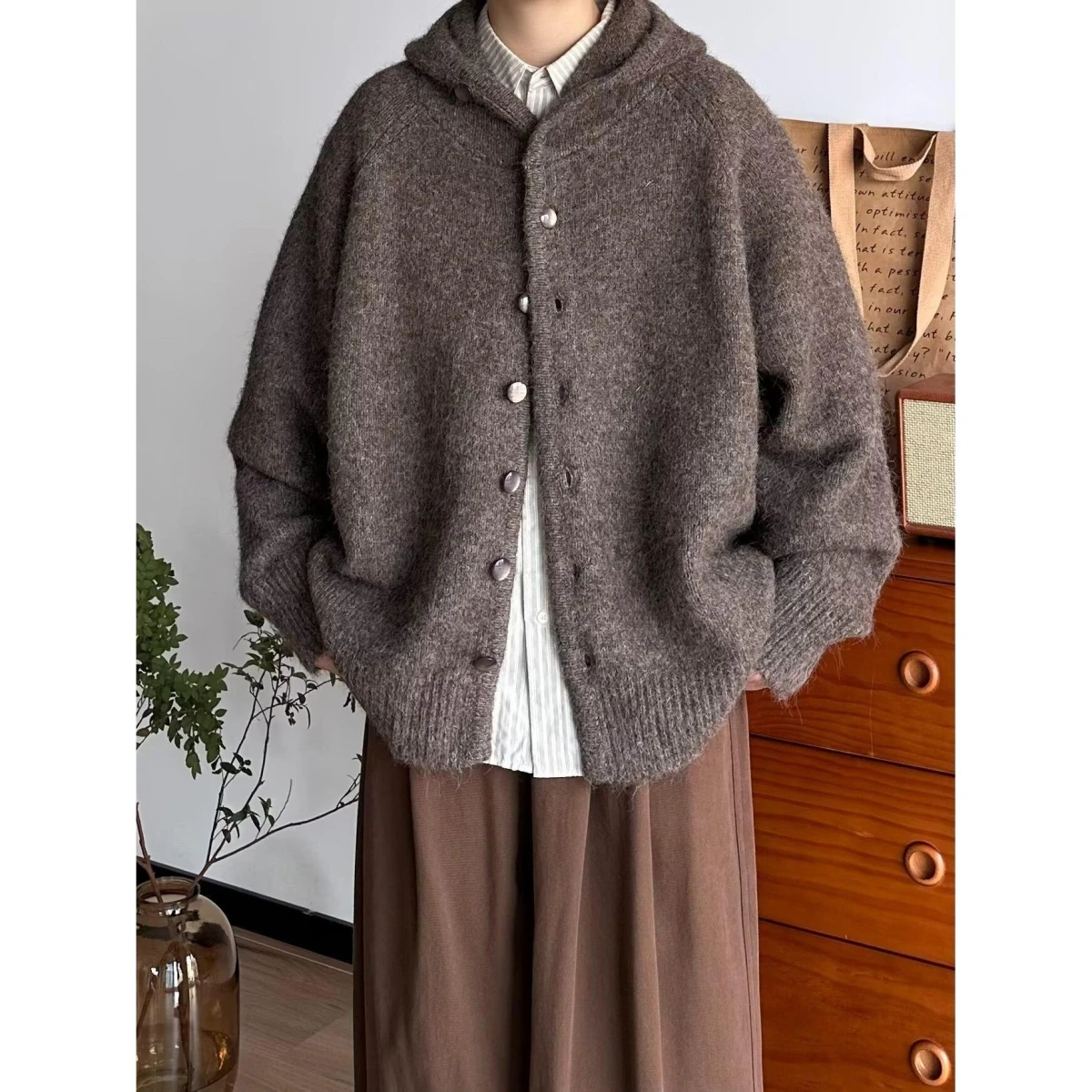 

Ретро японский Sle Thiened открытый кардиган с капюшоном вязаный свитер ленивый Sle верхняя одежда длинный свек стандартной посадки для молодежи