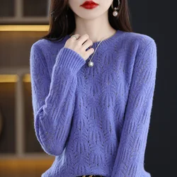 Spring/Autumn New Fashion Crocheted Hollow Top Women's Pure Wool Knitted Sweater Round Neck Loose Phoenix Flower Knit Pullover