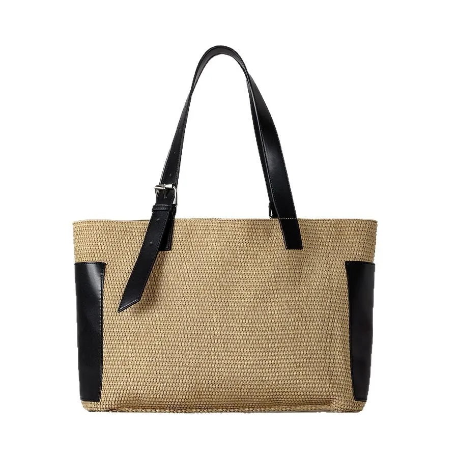 

Large Capacity Woven Beach Bags Women Tote Summer Travel Straw Bags for Women Shoulder Bag PU Leather Patchwork Shopper Purses