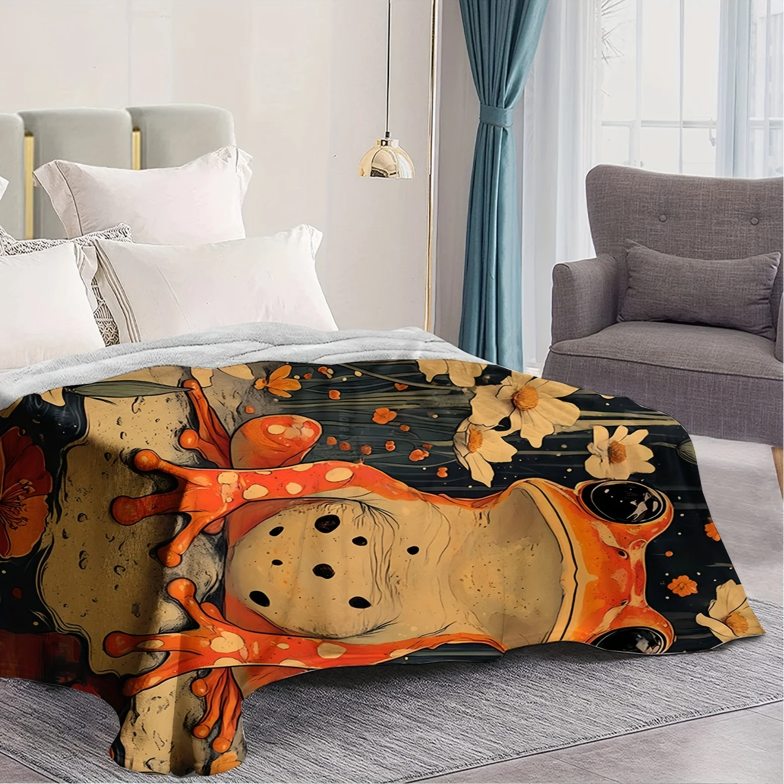 Bright orange frog pattern Flannel printed blanket suitable for all seasons suitable for living room office sofa and travel