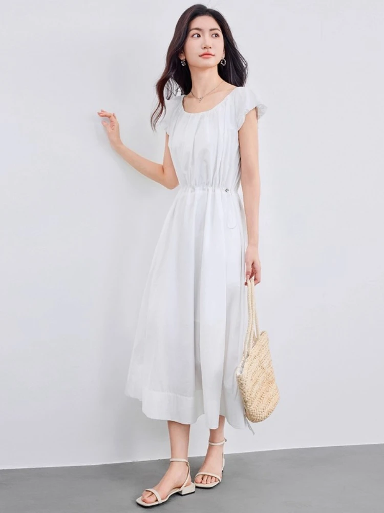 

SENTUBILA Drawstring Waist Dress Women's Summer 2025 New Arrival O-neck Shirred Short Bubble Sleeve Solid Midi Dress W52LP2366