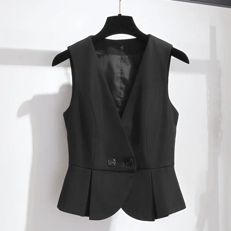 # 0733 preto azul curto blazer colete feminino com decote em v fino escritório elegante divisão conjunta sem mangas colete senhoras duplo breasted