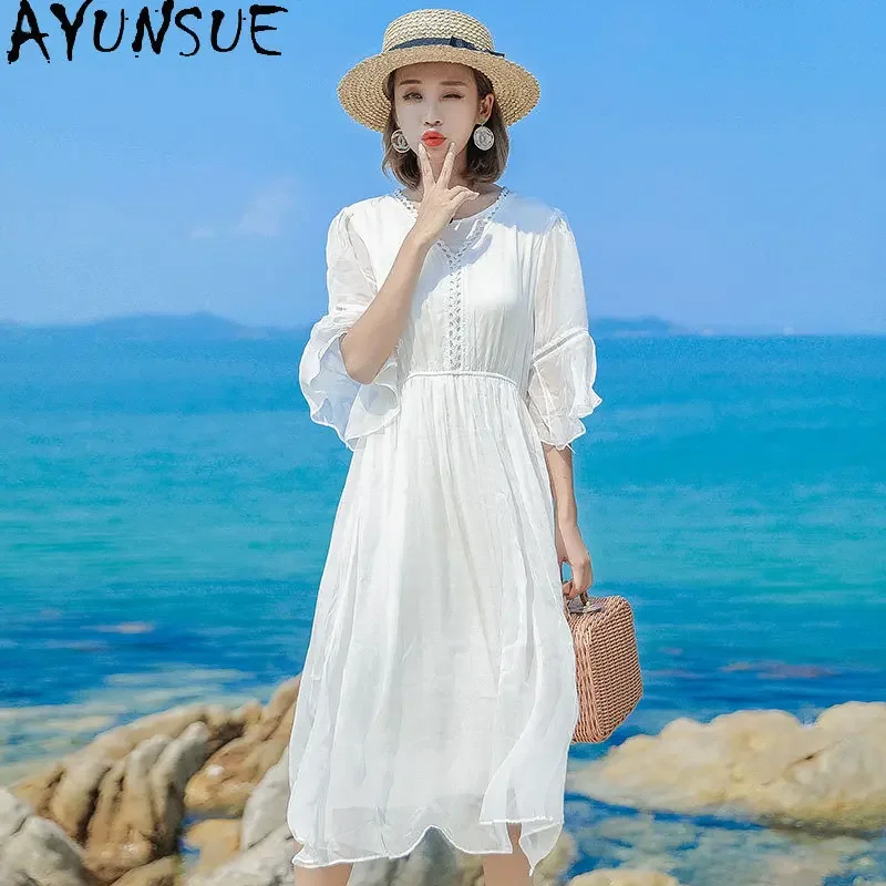 Böhmische neue Frauen Sommer Strand kleid weiße Fee Kleid Taille schlanke mittellange 100% Maul beers eide Kleid Damen bekleidung Vestido