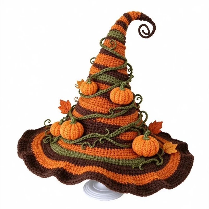 Handmade Colorful Halloween Striped Pumpkin Witch Wizard Hat Men Custom Crochet Ruffled Knit Beanie Women Cosplay Festival Cap