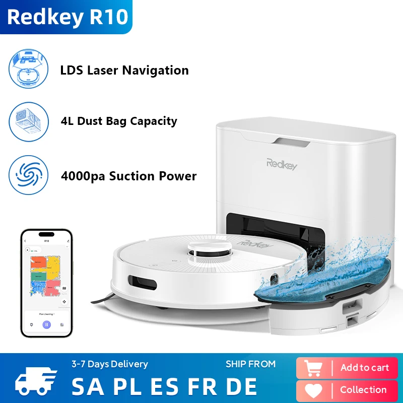 Redkey R10 Vacuum & Mop 2-in-1 Robot Vacuum Cleaner LDS 4000pa Auto Dust Collector 4L Dust Bag Capacity 18mm Obstacle Climbing