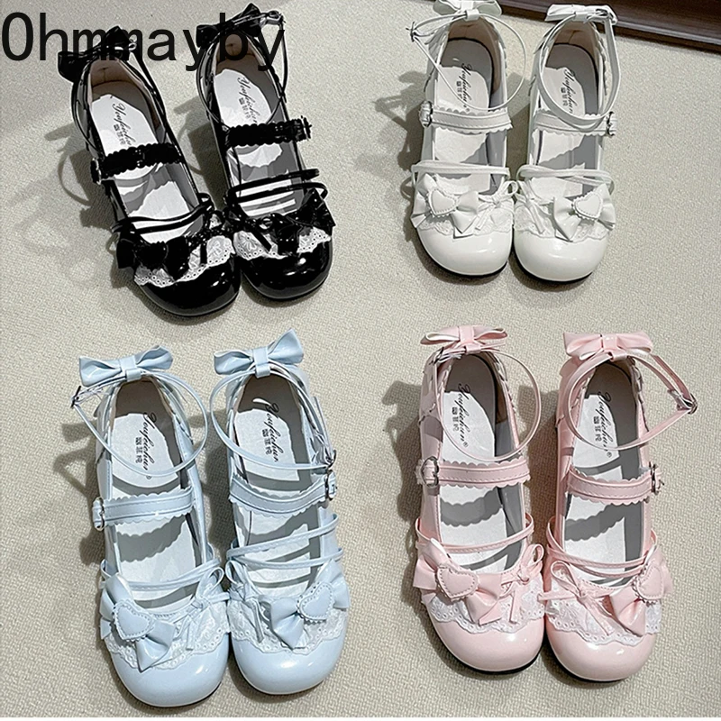 Zapatos de tacón grueso estilo Ballet para mujer, zapatos de tacón Mary Jane de Lolita, zapatos de tacón para vestido de fiesta al aire libre con nudo de mariposa a la moda