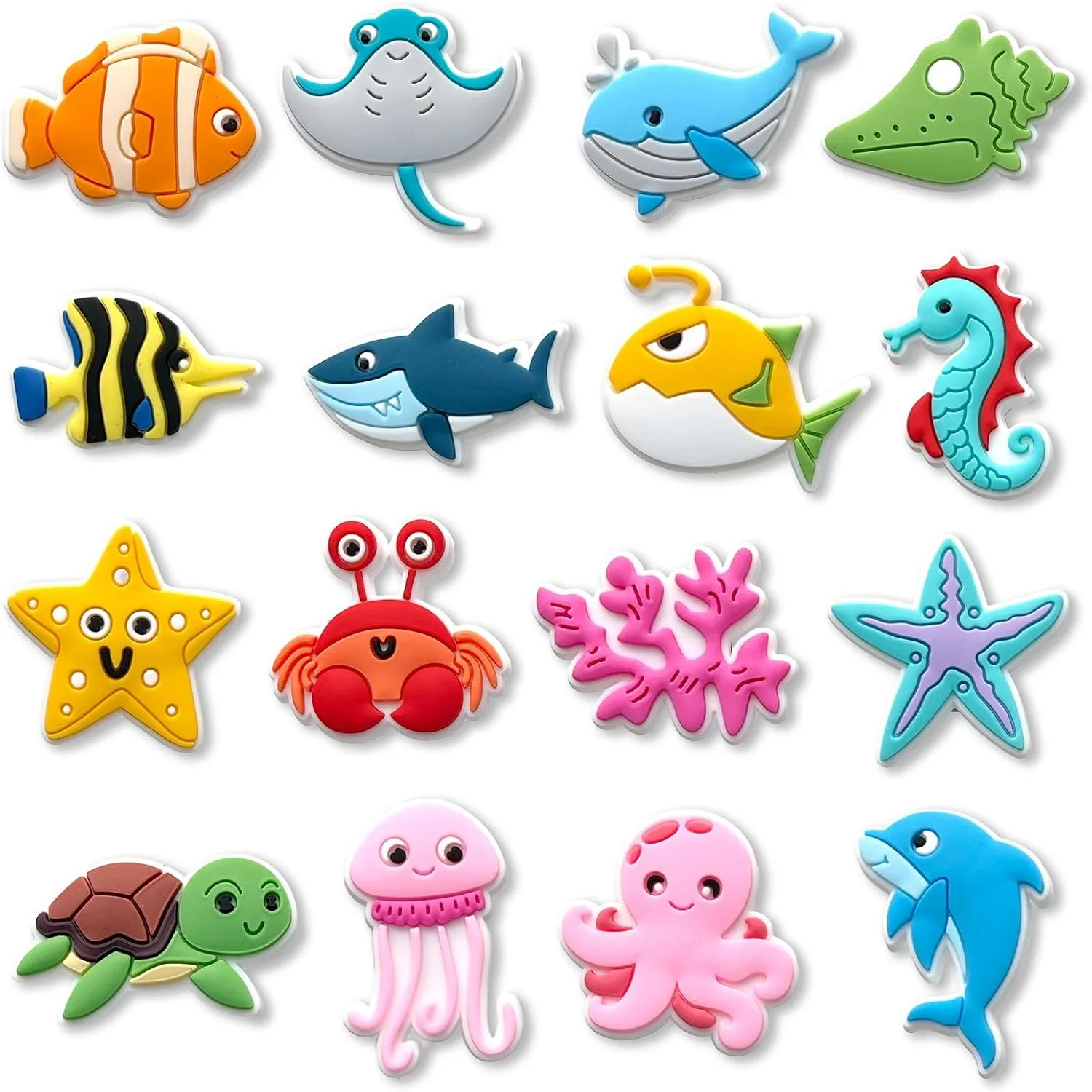 16 Peças de Charms de Animais Marinhos para Calçados - Criaturas Marinhas de PVC Macio para Crocs, Tênis e Bolsas - Presente de Halloween e Natal