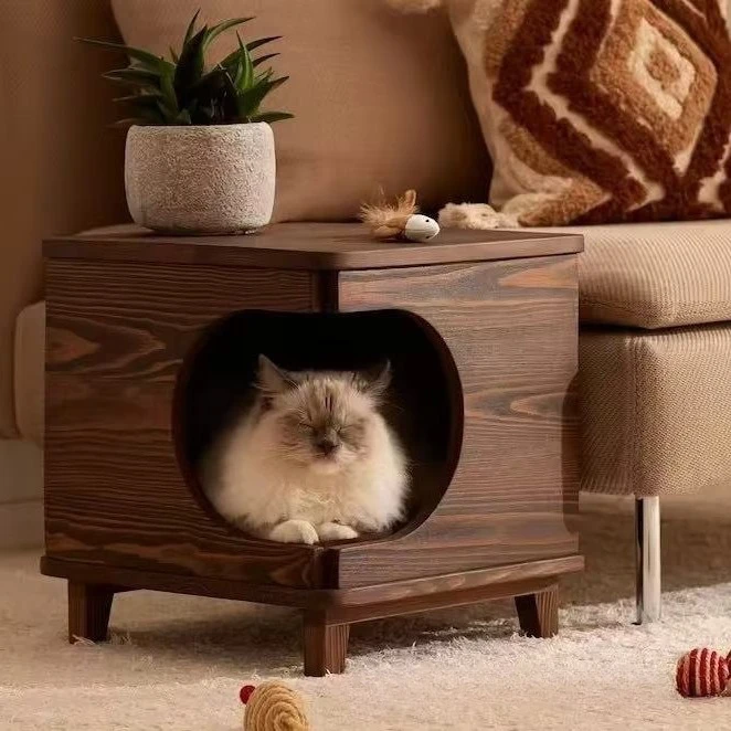 Wooden Cat Bed with Nightstand, Pet Habitat and Sleeping House Combo, Pet Accessory