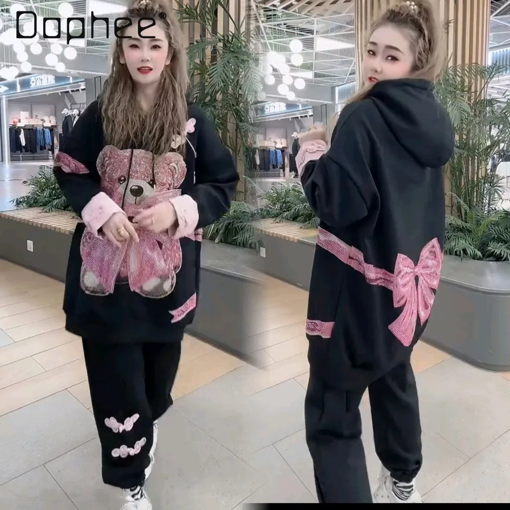 

Осенняя новая модная брендовая роскошная свободная толстовка с длинными рукавами и брюками на флисовой подкладке со стразами, повседневный комплект, комплекты из 2 предметов, женская одежда