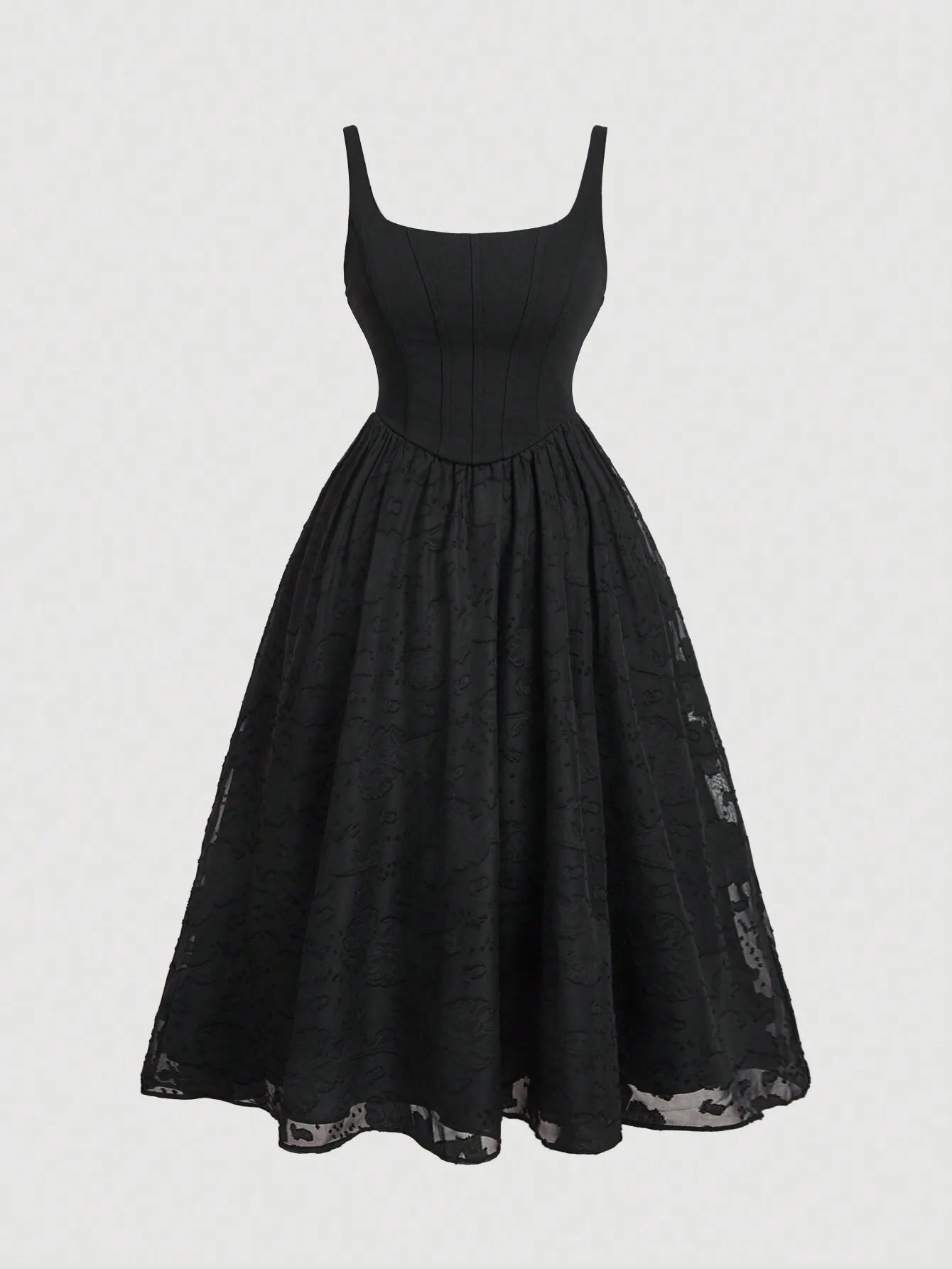 

Black Jacquard A-Line Dress with Pleated Hem and Square Neckline