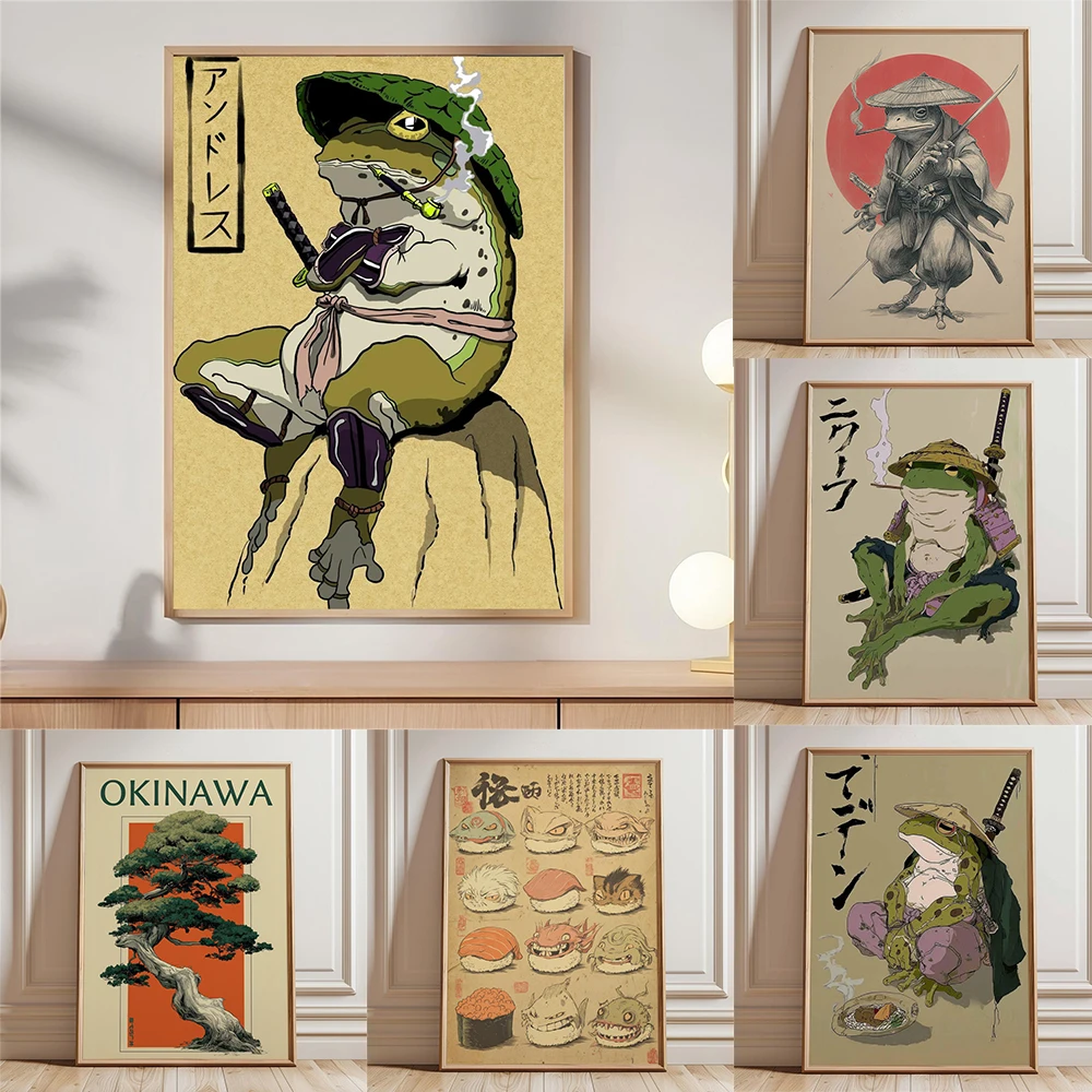 Samurai Frog Wall Art Print Japanese Anime Poster Cool Warrior Frog Illustration Canvas Painting Quirky Ninja Frog Home Decor