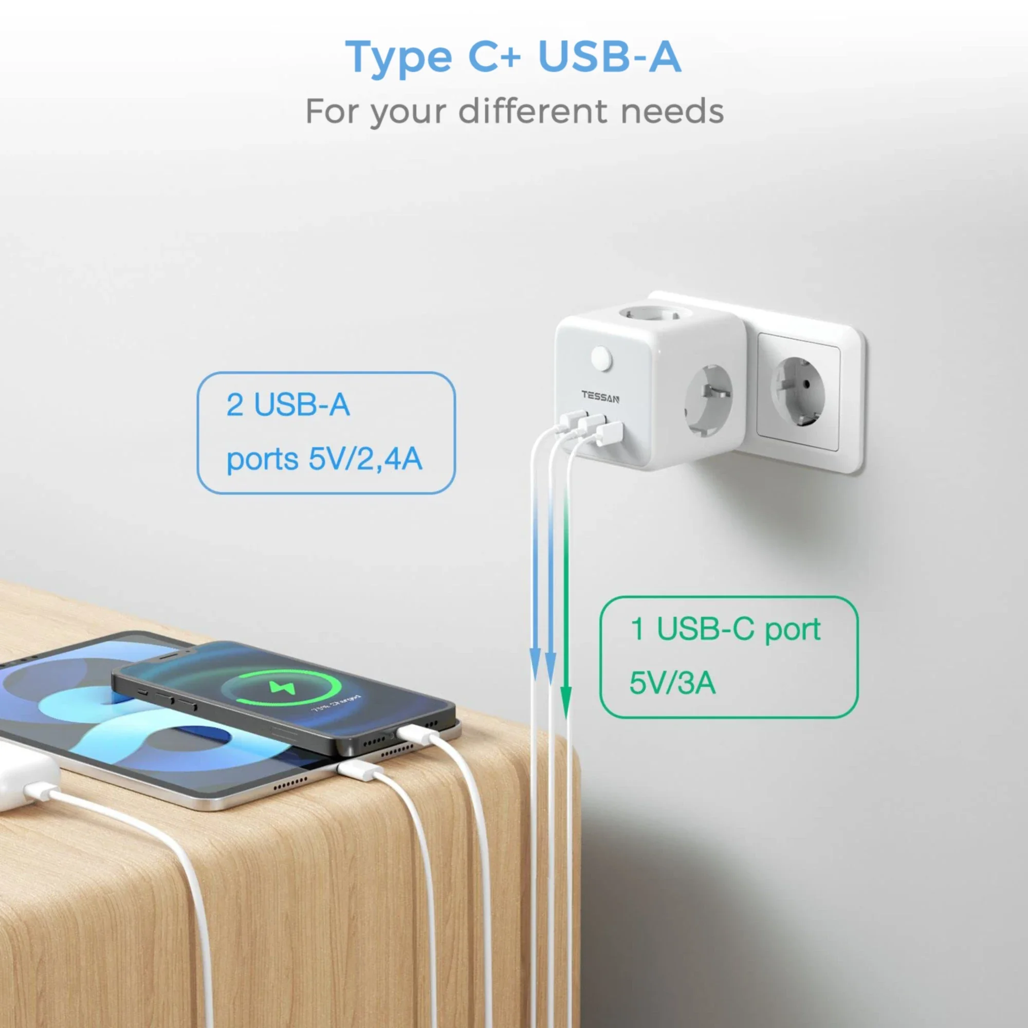 TESSAN EU Plug Power Strip Cube with 3 Outlets +3 USB Ports Multiple European Plug Wall Socket Adapter Overload Protection