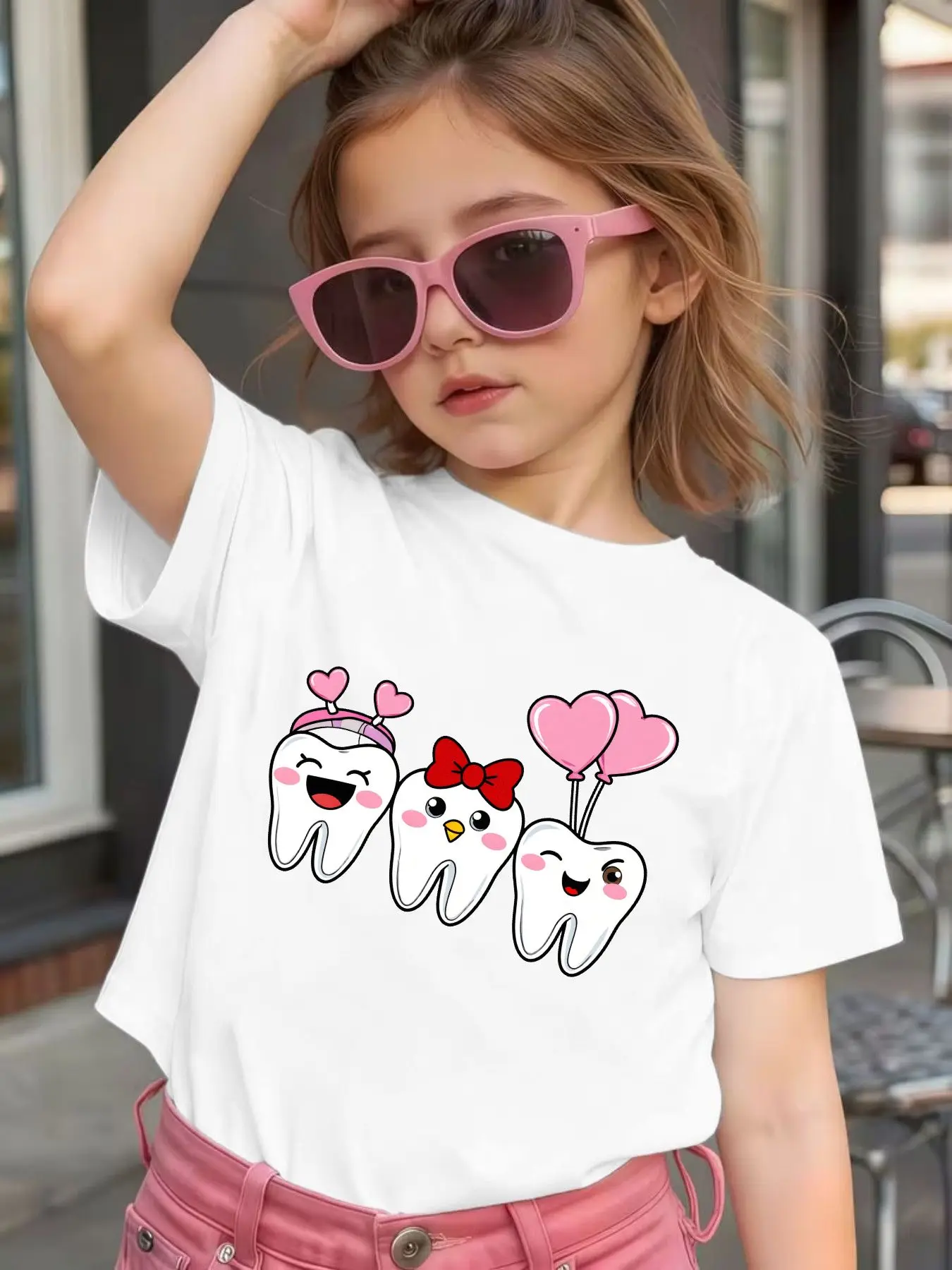 Cute Cartoon Teeth With Pink Hearts Graphic Kids Tee Boys Girls Family Matching Cotton Crew Neck Short Sleeve Soft Summer Tee