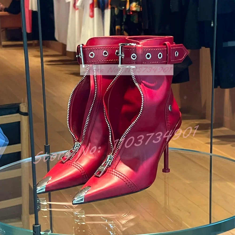 女性用中空アンクルブーツ,ベルトバックル,ジッパー,先のとがった金属のつま先,ハイヒール,スティレット,縫製靴,エレガントなパーティー,セクシー