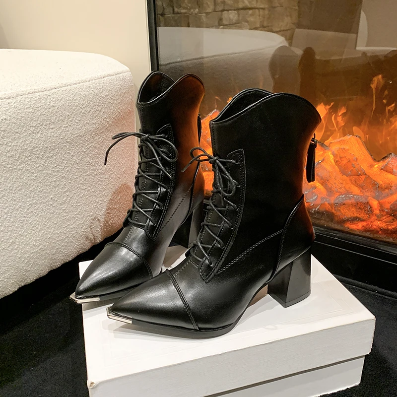 الخريف الشتاء النساء الأحذية موضة ساحة أحذية عالية الكعب أنيقة الدانتيل يصل الأبيض حذاء من الجلد الأسود مكتب الحفلات أحذية امرأة 34-43 #5