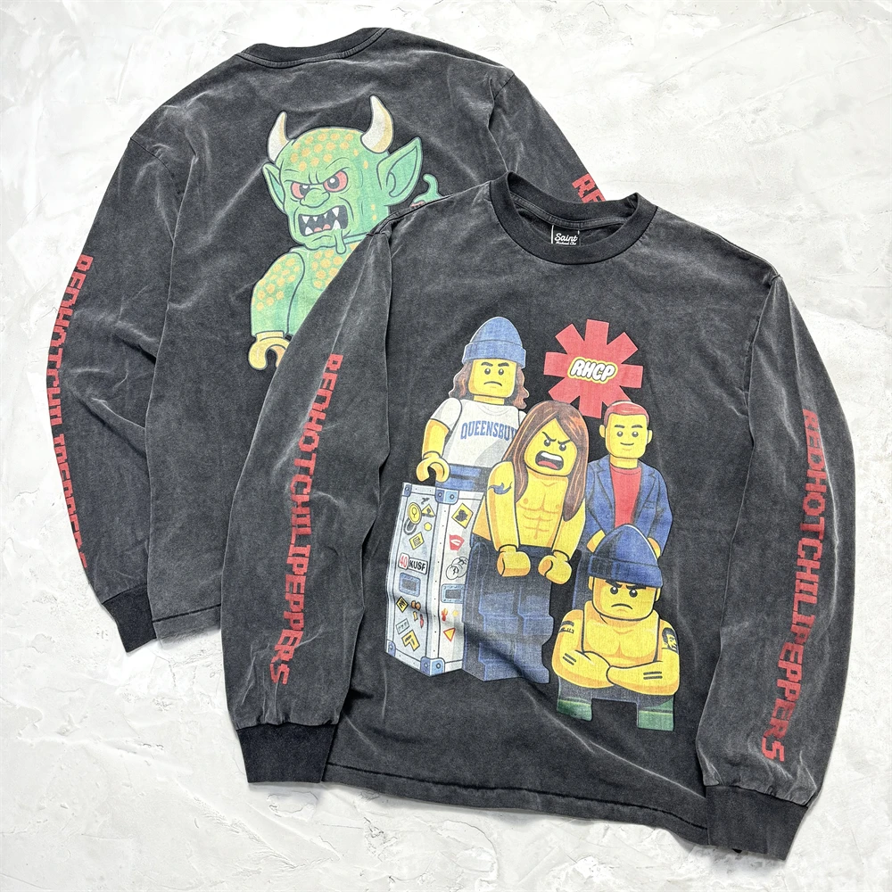 Washed Cartoon Printing With Building Blocks Saint RHCP Long Sleeves T-shirt Men Women Best Quality Tops Tee T Shirt