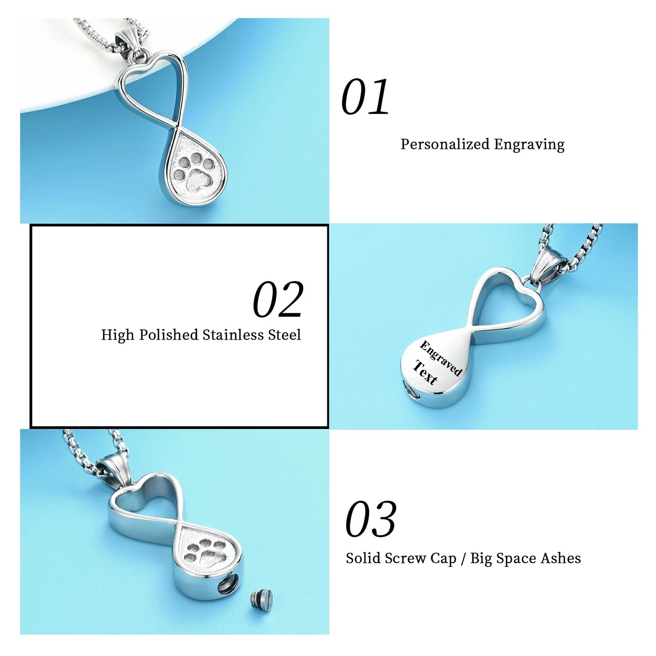 Infinity Love Pfotenabdruck Urnen-Schmuck für die Asche von Hund/Katze, Gedenk-Andenken, Urnen-Halskette, Anhänger, Gedenkstahl-Schmuck – Detail 3