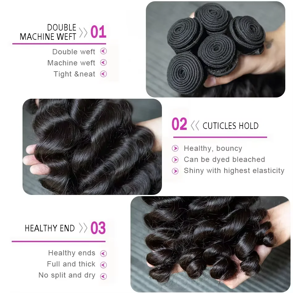 ルーズウェーブ人毛束 1/3/4束 30インチ束 ブラジル産人毛エクステ ダブルウェフト バルク編み込みヘア
