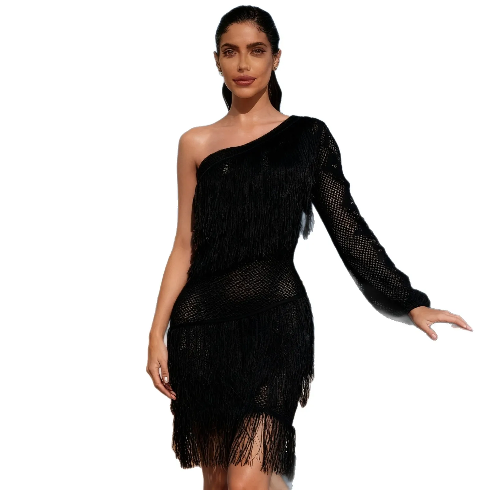 حقيبة ظهر عصرية جديدة لعام 2025 فستان ضيق على الورك للنساء للخريف فساتين قصيرة مجوفة مثيرة وأنيقة بلون سادة للنساء #5