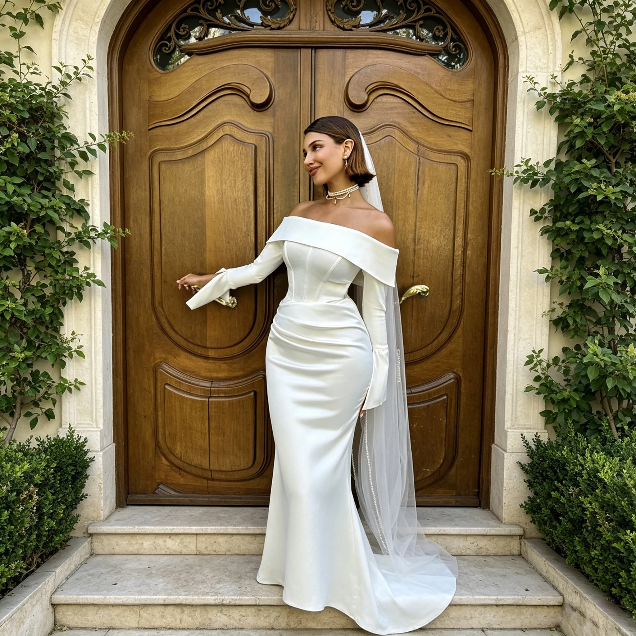 Schulterfreies Meerjungfrauen-Brautkleid aus Satin mit langen ausgestellten Ärmeln, geraffter Taille und Schleppe – Elegantes, figurbetontes Brautkleid nach Maß – Vestido De Novia