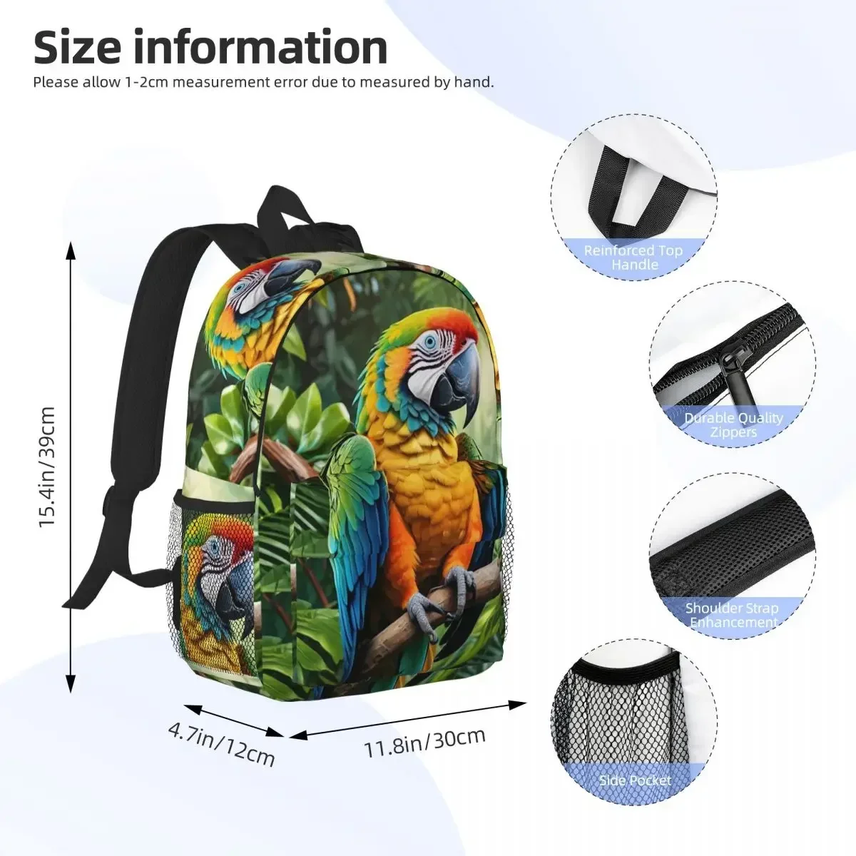 Custom Bag Cute Macaw Parrots Backpack Hot Sale Daypack Large Capacity Boys Girls BookBag Shoulder Bags For Men Women Children S