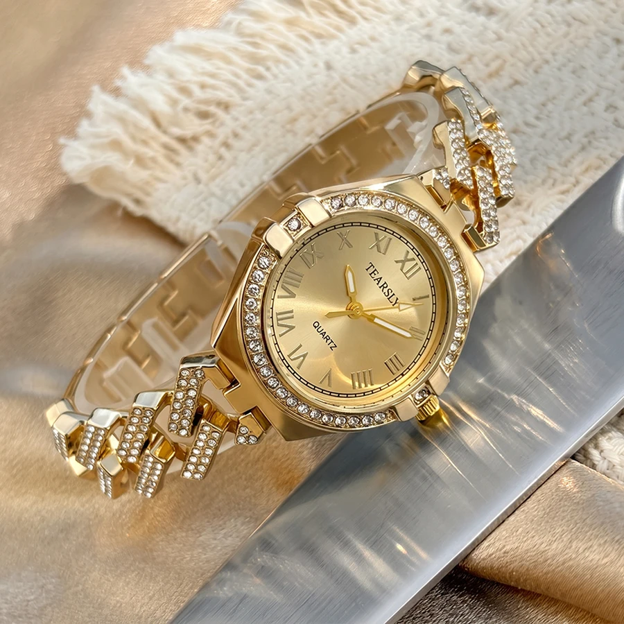 Luxury Round Diamond-Set Dial Flexible Diamond Chain Strap Gold Watch for Woman