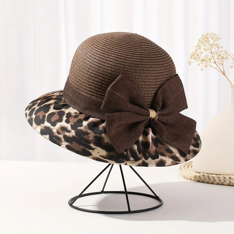 Bucket Hat Ladies Summer Korean Version Straw Cap Fashion Leopard Print Bow Visor Beach Travel Foldable Basin Headwear