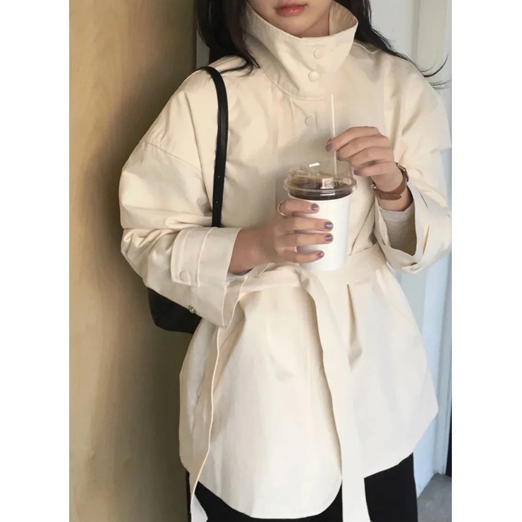 Autumn New Loose Tunic Coat Stand Collar Elegant Waistband Women's Casual Style Long Sleeve Regular Length Single Button